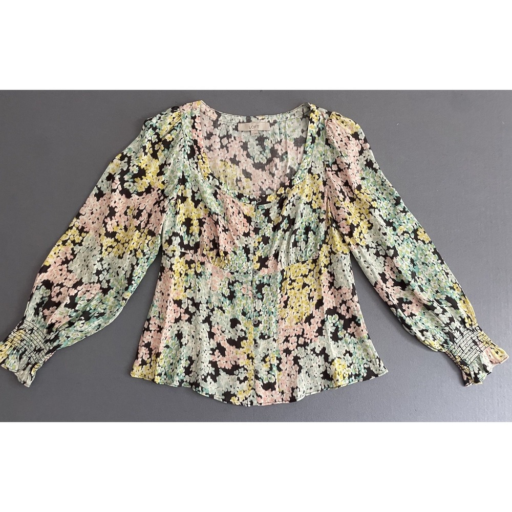 Loft Women Sā Top Garden Floral Long Puff Sleeve Pesant Empire Cottage Blouse